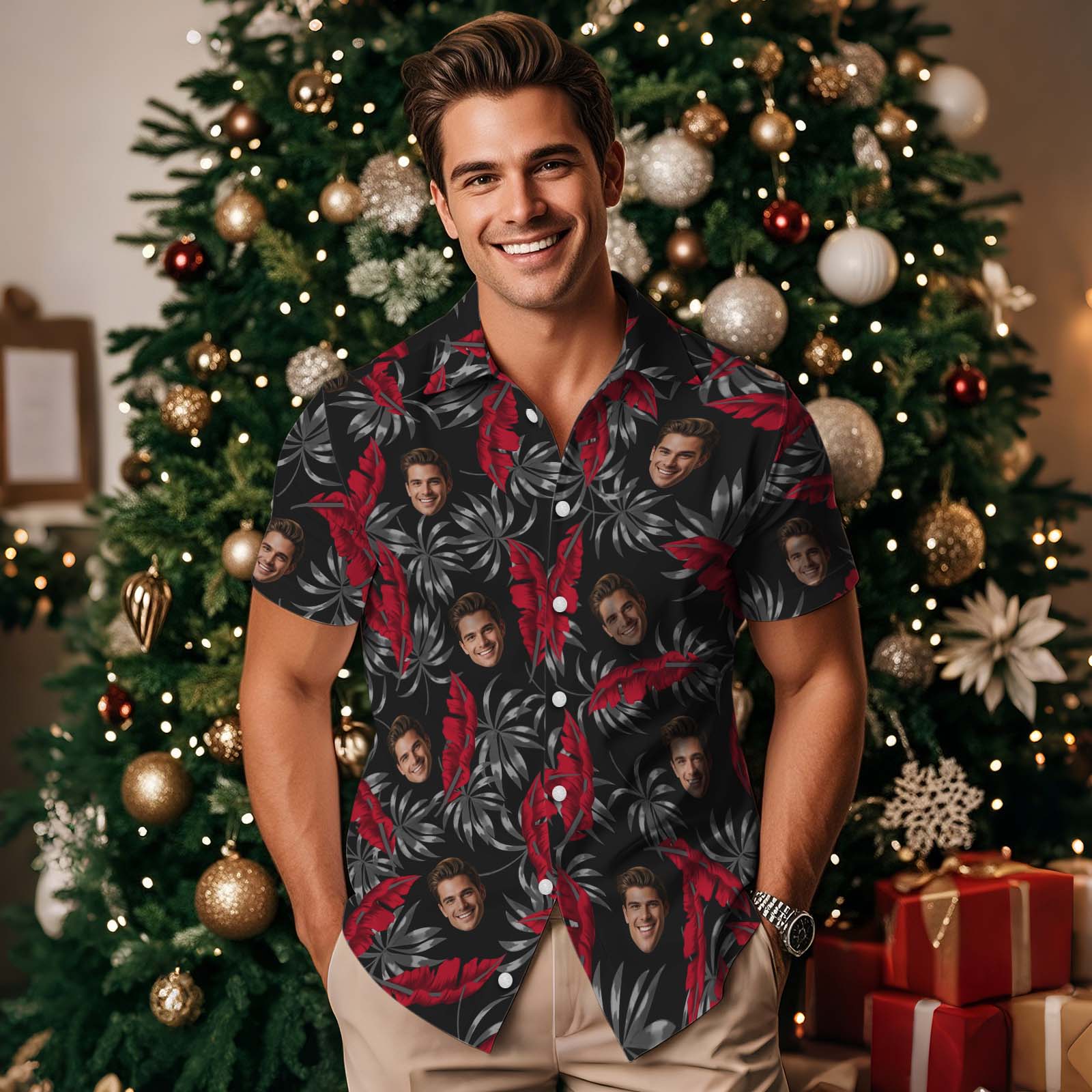 Custom Dark Red Hawaiian Shirts Personalized Colorful Leaves Aloha Beach Shirt