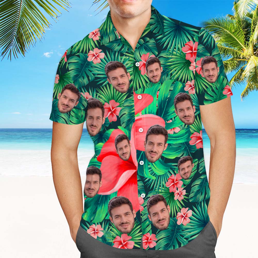 Men Custom Hawaiian Shirts With Leaves & Flowers Custom Beach Print Shirts Gifts For Him - MyFaceTshirt