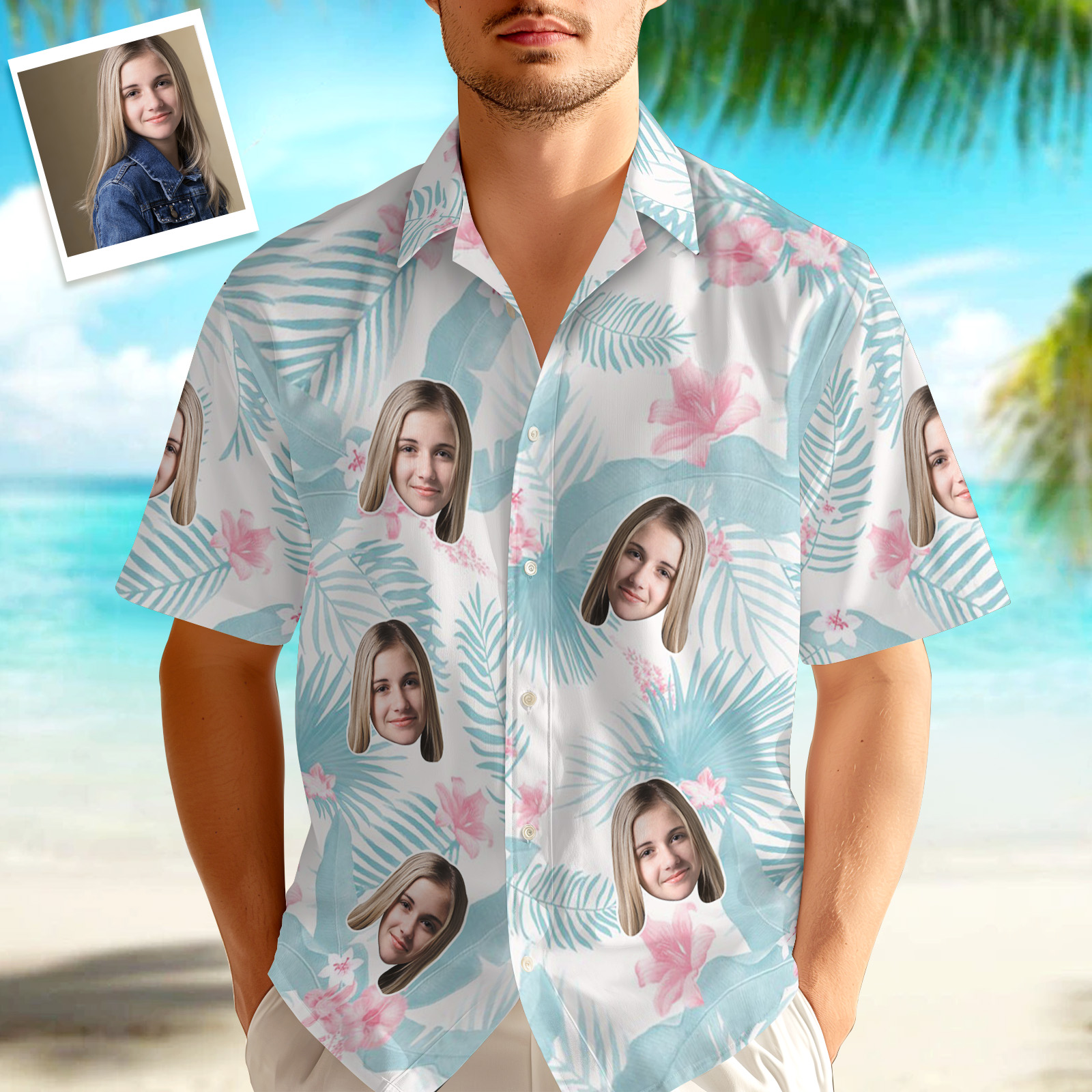 Custom Hawaiian Shirt Tropical Floral Hawaii Shirt All Over Print Face Light Blue Leaves Shirt