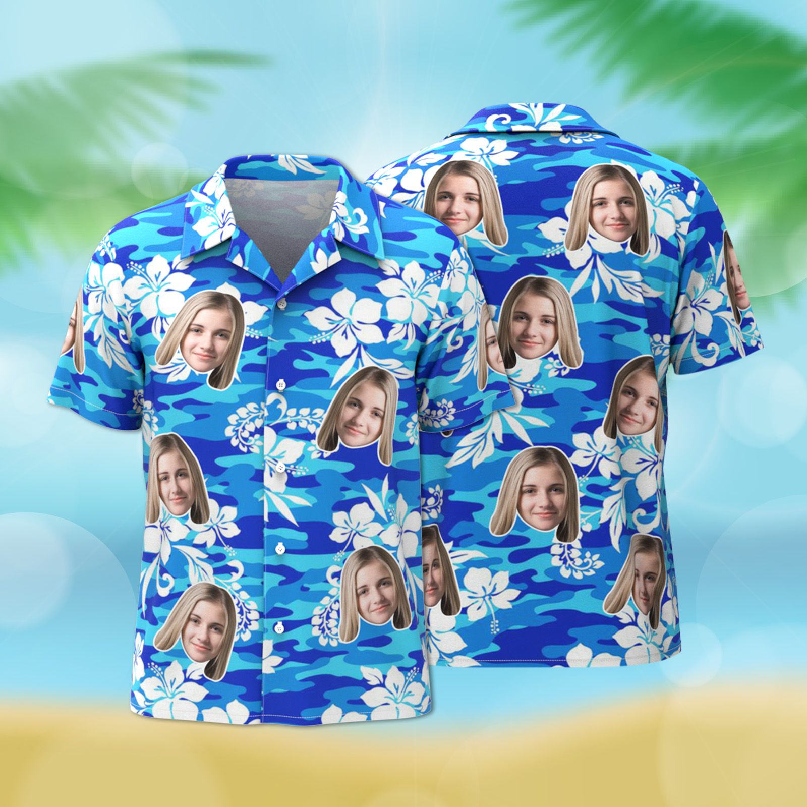 Custom Hawaiian Shirt Tropical Floral Hawaii Shirt All Over Print Face White Flower Blue Shirt