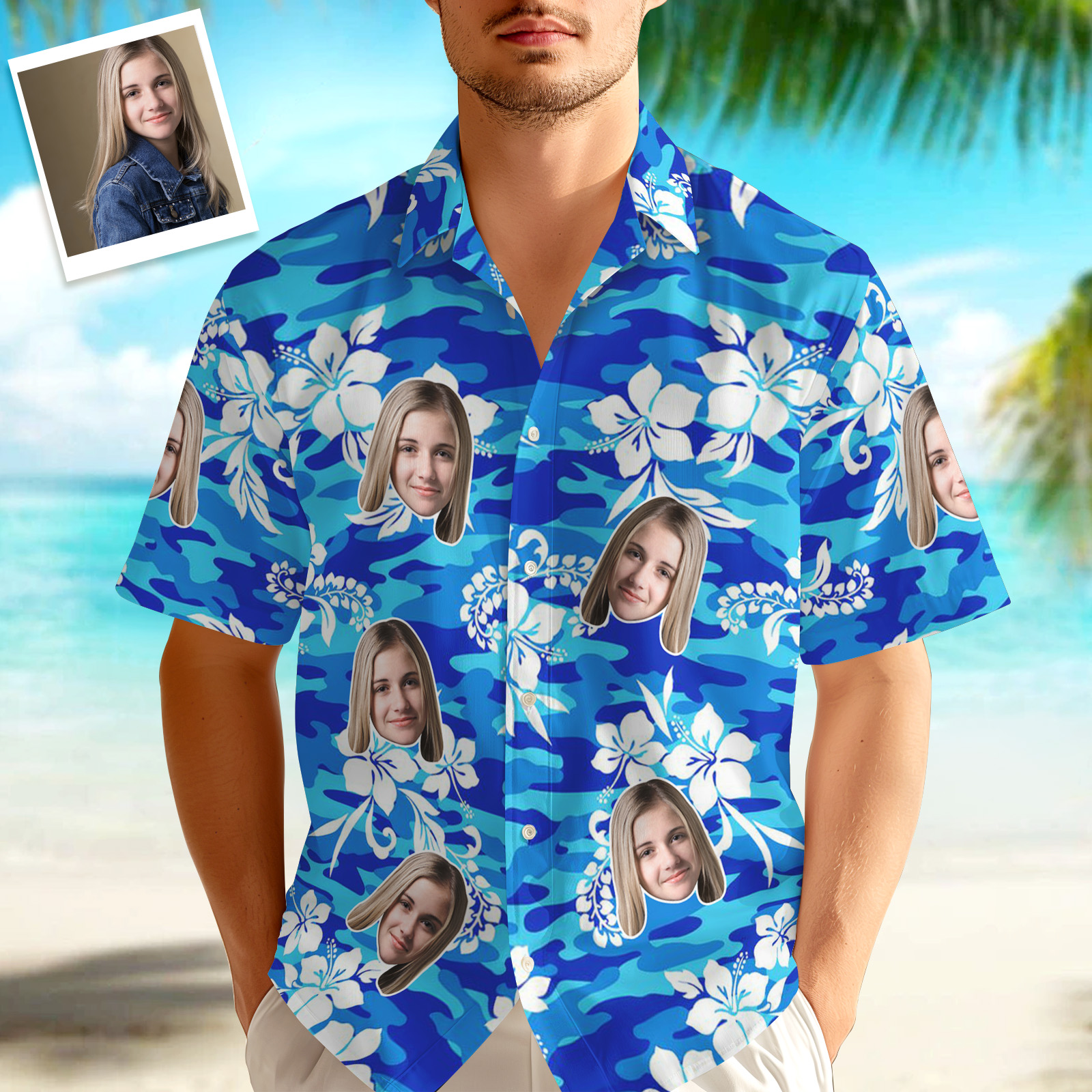 Custom Hawaiian Shirt Tropical Floral Hawaii Shirt All Over Print Face White Flower Blue Shirt