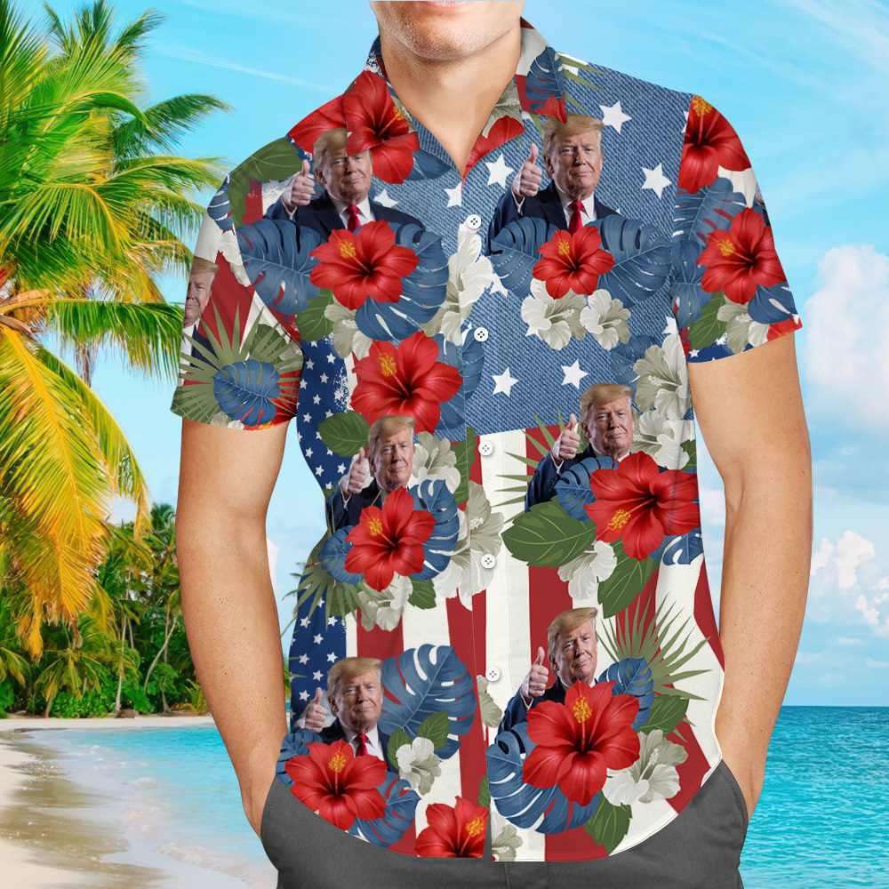 Custom Photo Trump American Flag Tropical Independence Day Hawaii Shirt