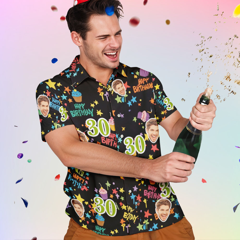 Custom Black Birthday Face Shirts With Stars Custom Face & Age Button-down Shirts - MyFaceTshirt