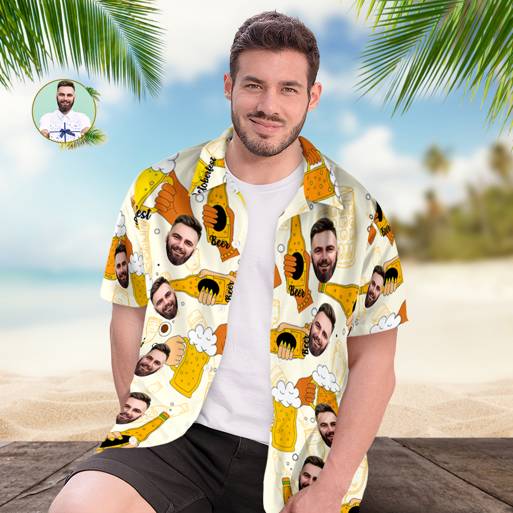 Custom Beer Hawaiian Shirt for Men, Personalized Party Group Hawaii Shirts with Face, Customize Mens Funny Face Shirt Beer Shirts - MyFaceTshirt