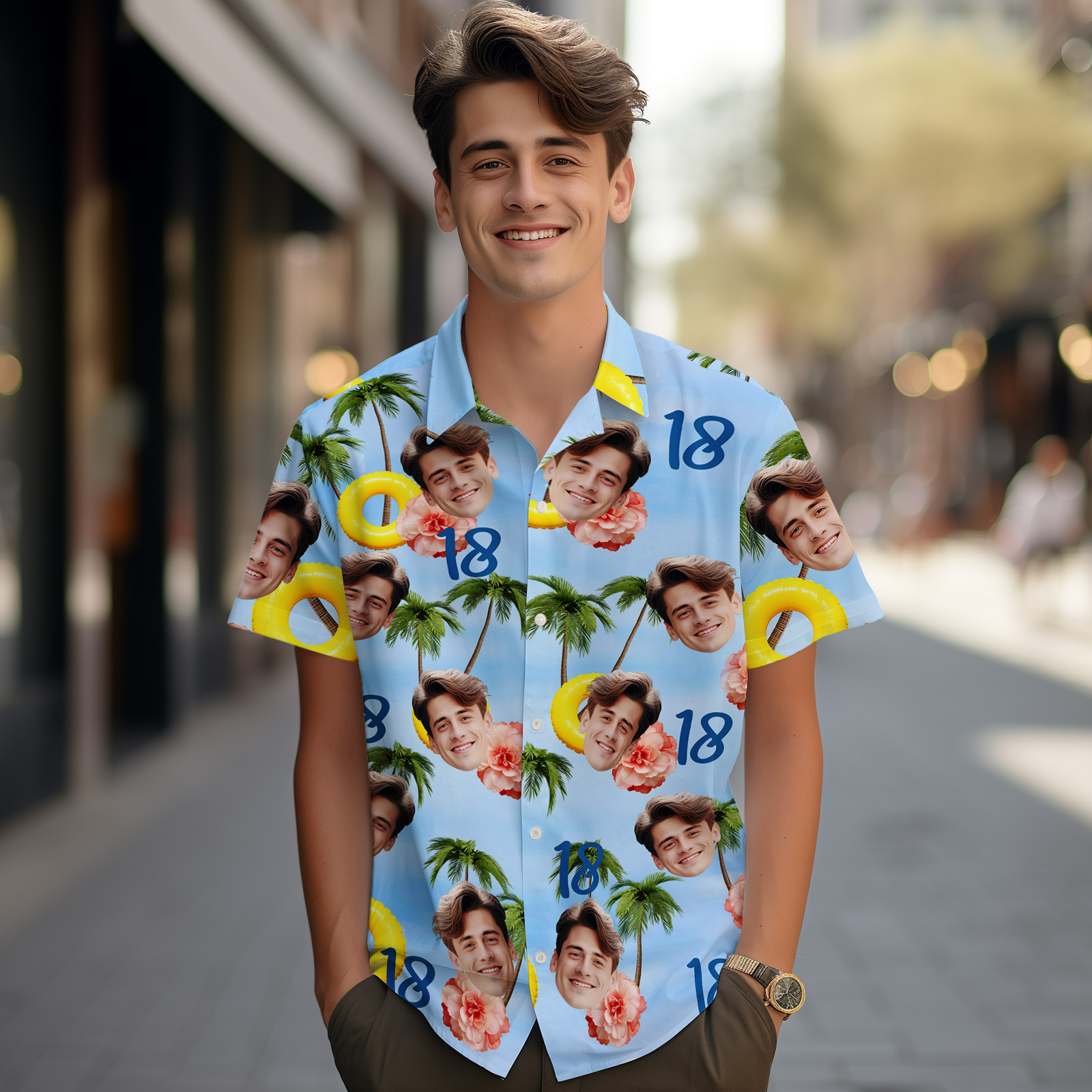 Custom Face Age Hawaiian Shirt Personalized Swimming Ring Coconut Tree Short Sleeve Shirt with Photo Birthday Shirt for Men Birthday Gifts