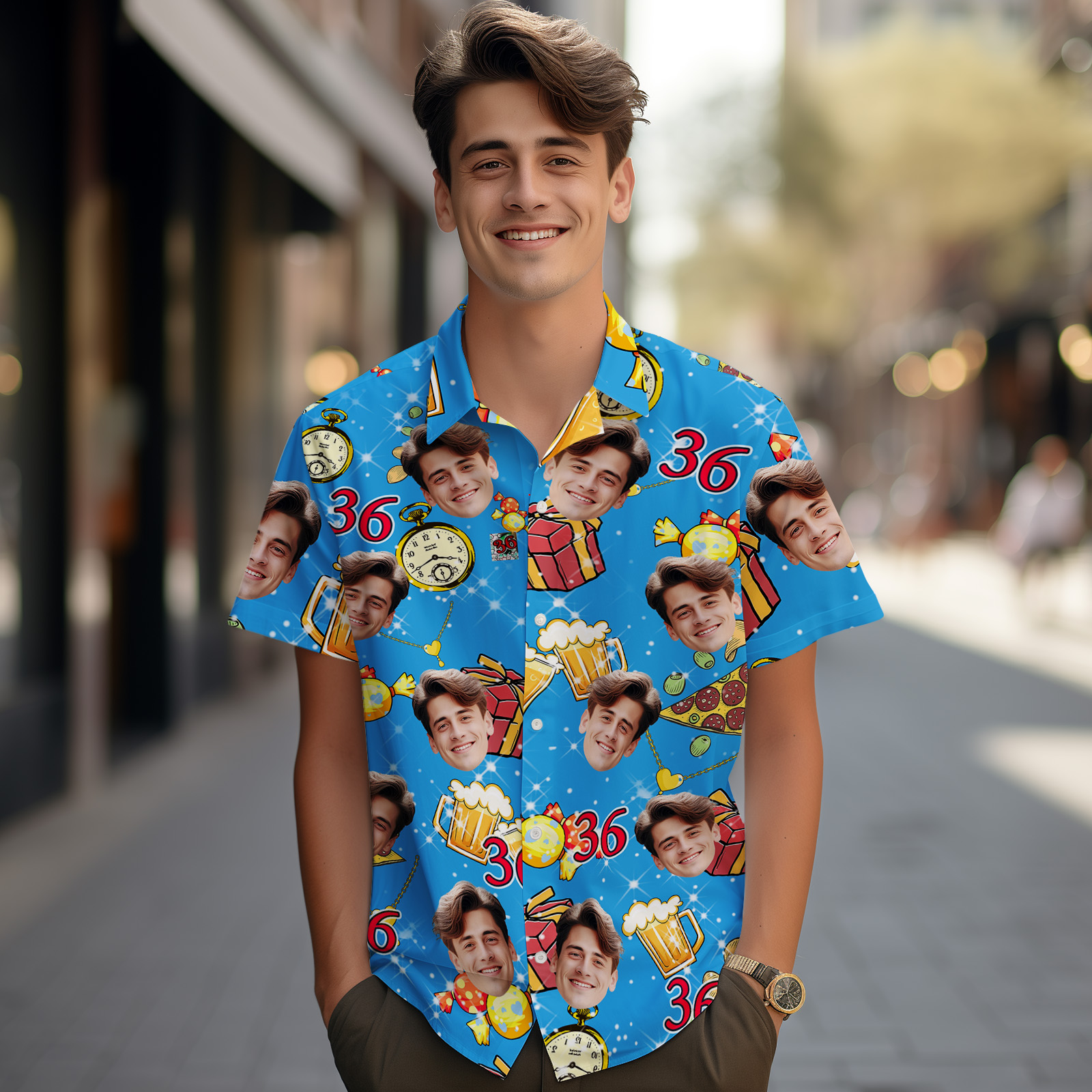 Custom Face Age Hawaiian Shirt Personalized Beer Mug Gift Box Short Sleeve Shirt with Photo Birthday Shirt for Men Birthday Gifts