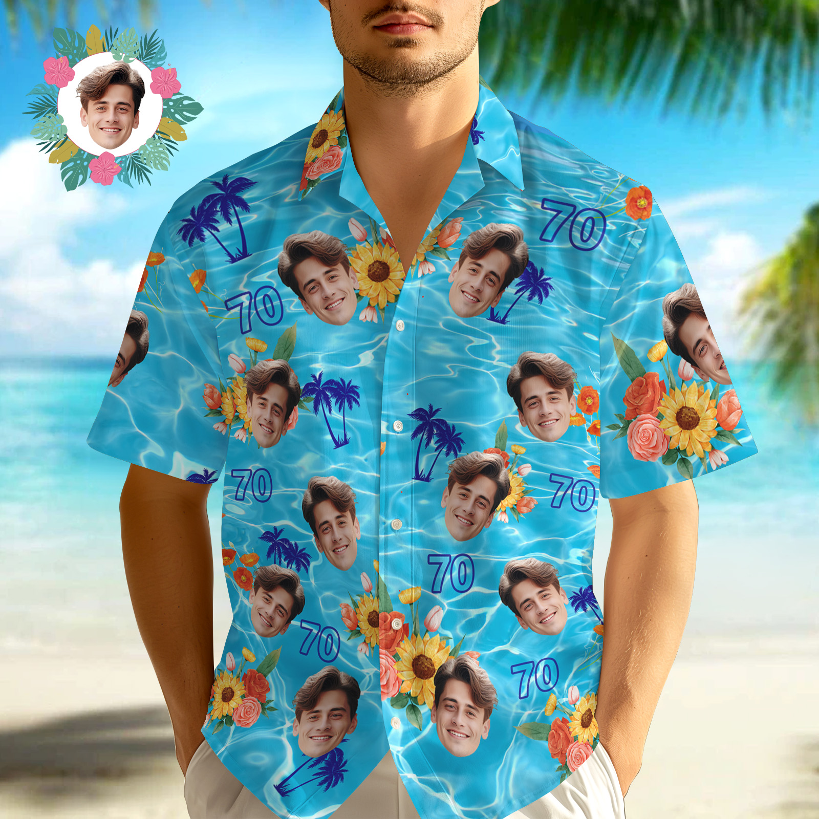 Custom Face Age Hawaiian Shirt Personalized Sunflower Short Sleeve Shirt with Photo Birthday Shirt for Men Birthday Gifts
