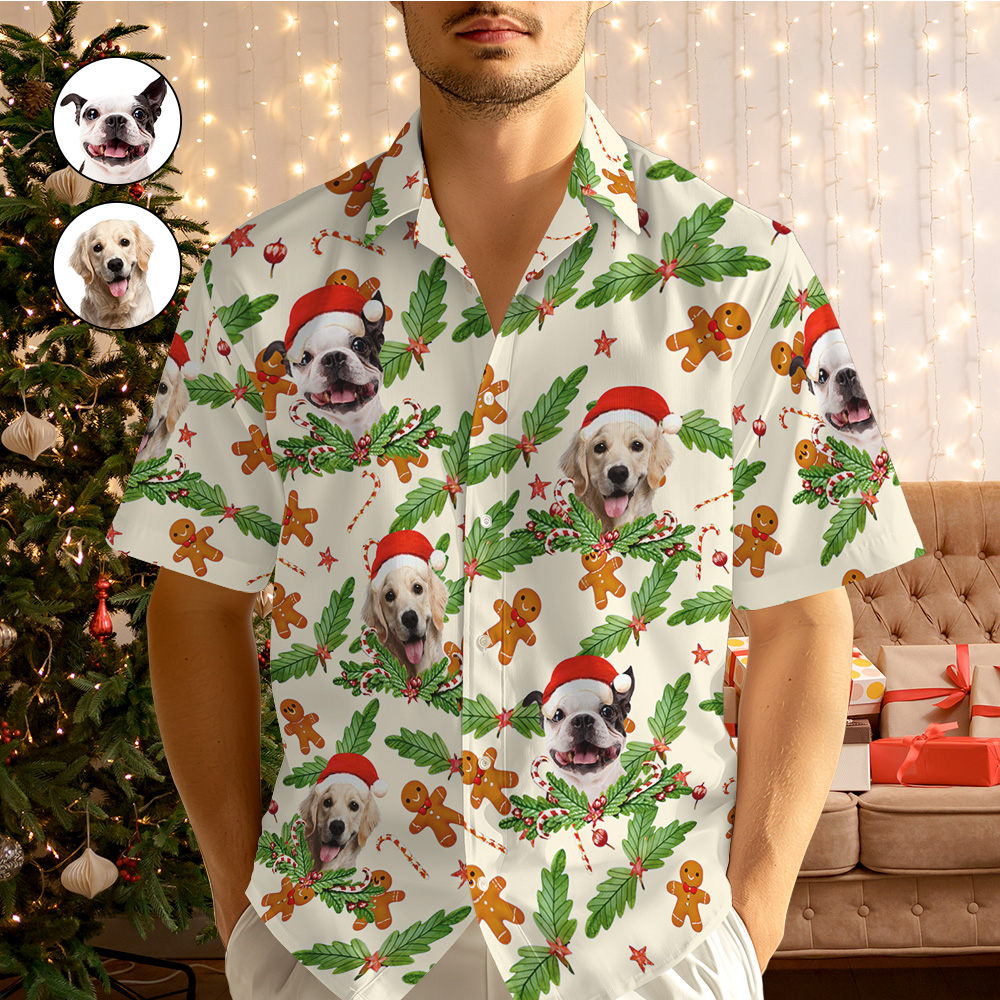 Custom Photo Gingerbread Hawaiian Shirt Personalized Candy Cane Hawaiian Shirt Gift For Christmas