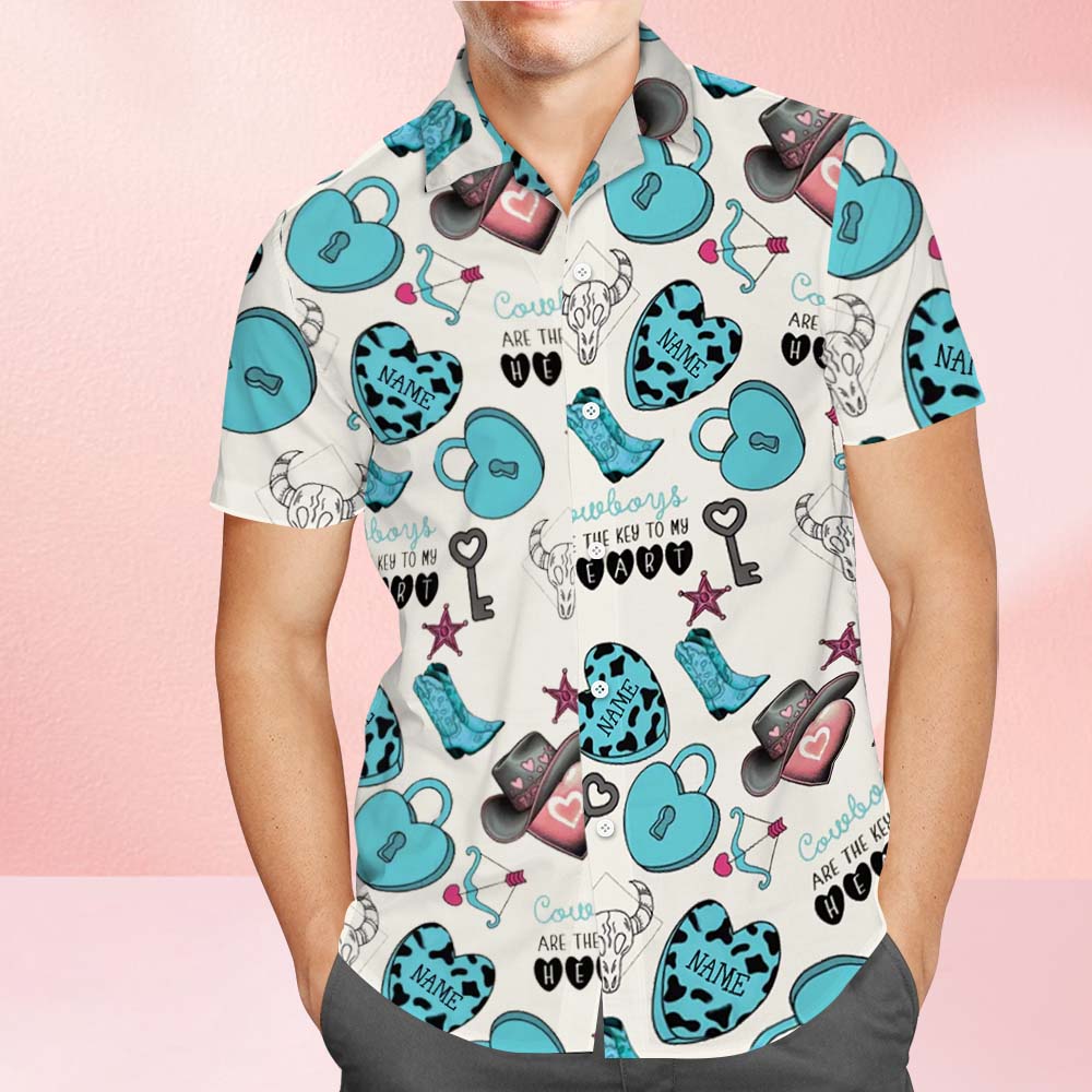 Custom Western Valentine Hawaiian Shirt Personalized Funny Cowboy Cowhide Gem Stone Shirt Valentine's Day Gift