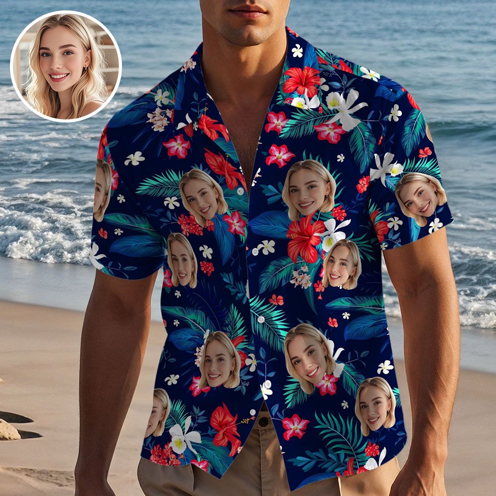 Custom Hawaiian Shirt with Face Personalized Summer Floral Red And White Flower Shirt Vacation Holiday Gift