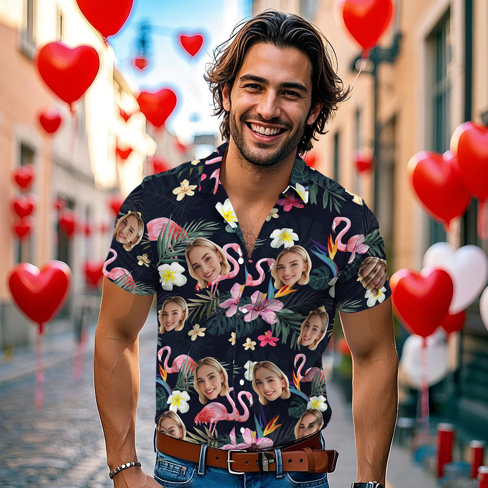 Custom Flamingo Green Leaves Hawaiian Shirt with Face Personalized Summer Shirt Vacation Holiday Gift