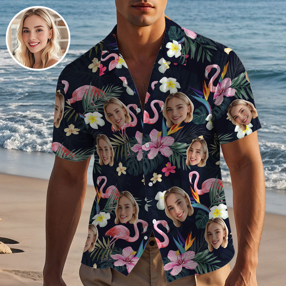 Custom Flamingo Green Leaves Hawaiian Shirt with Face Personalized Summer Shirt Vacation Holiday Gift