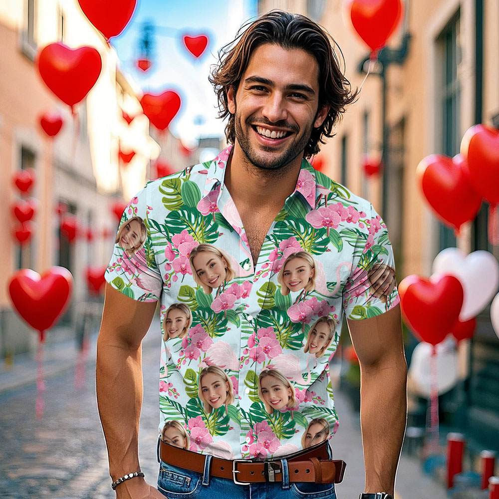 Custom Flamingo Pink Flower Hawaiian Shirt with Face Personalized Summer Shirt Vacation Holiday Gift