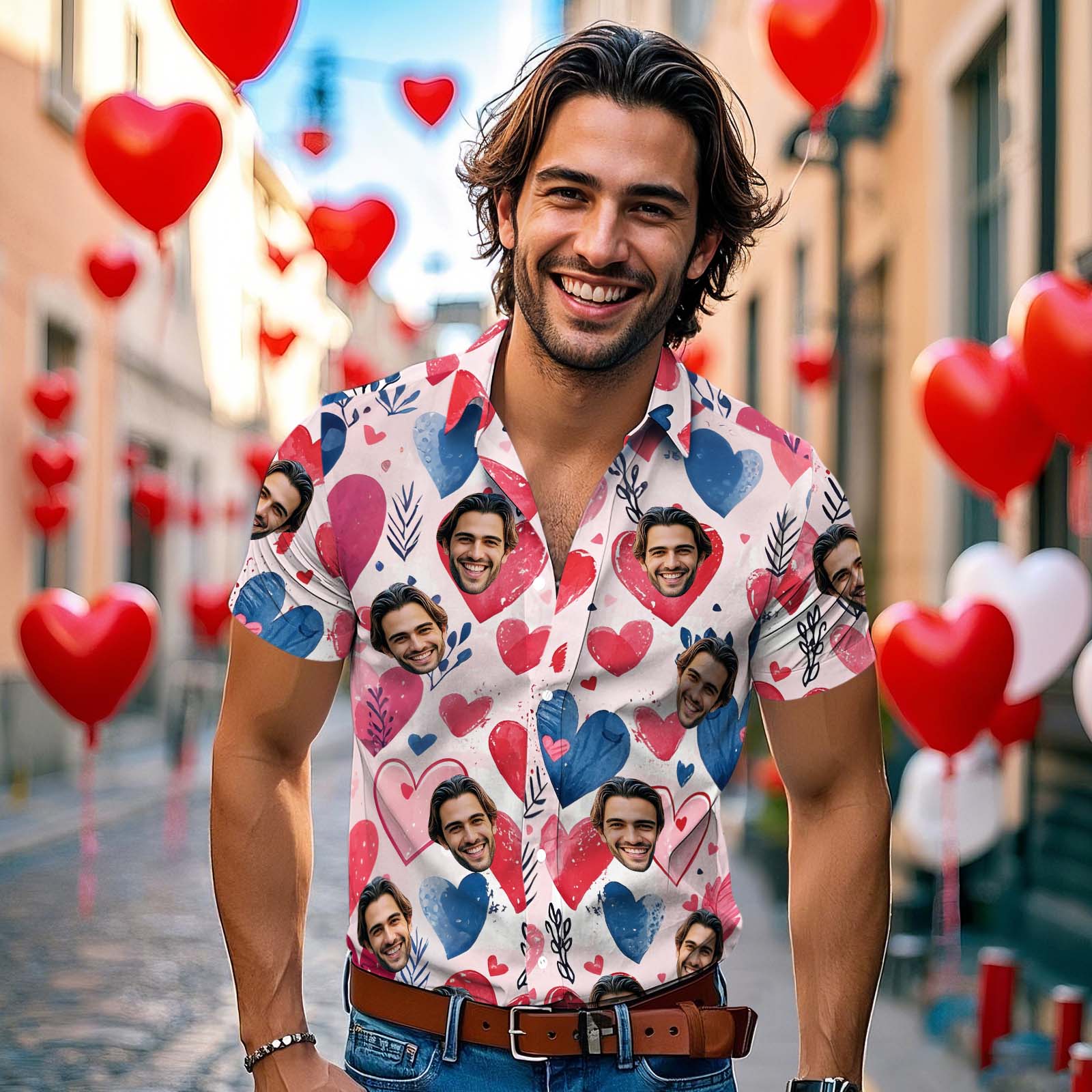 Personalized Pink Heart Hawaiian Shirt Custom Valentine's Day Gift for Couples - MyFaceTshirt