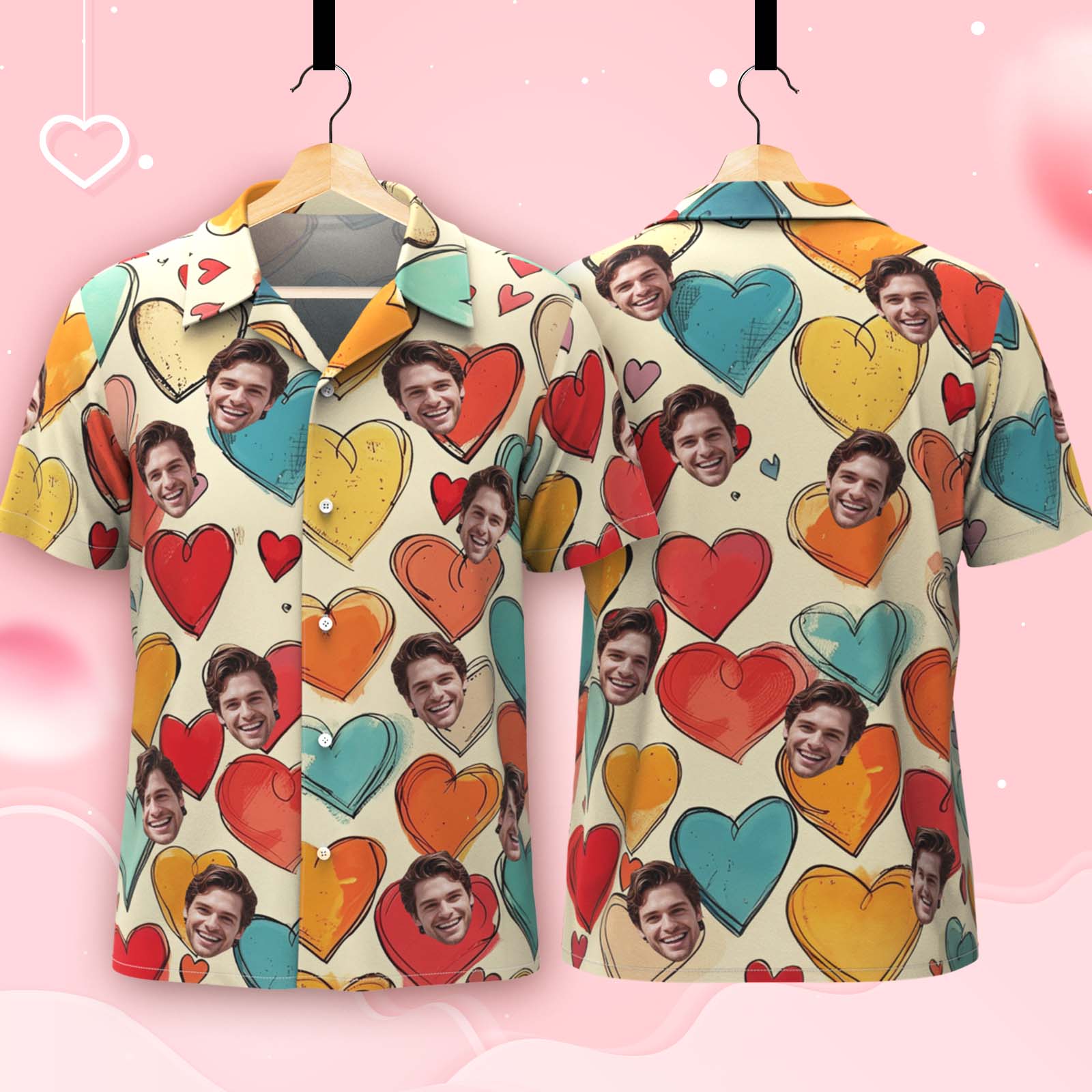 Personalized Hawaiian Shirt Valentine's Day Cartoon Vintage Yellow Heart-Style Custom Hawaiian Shirt for Couples Matching Couple Shirt