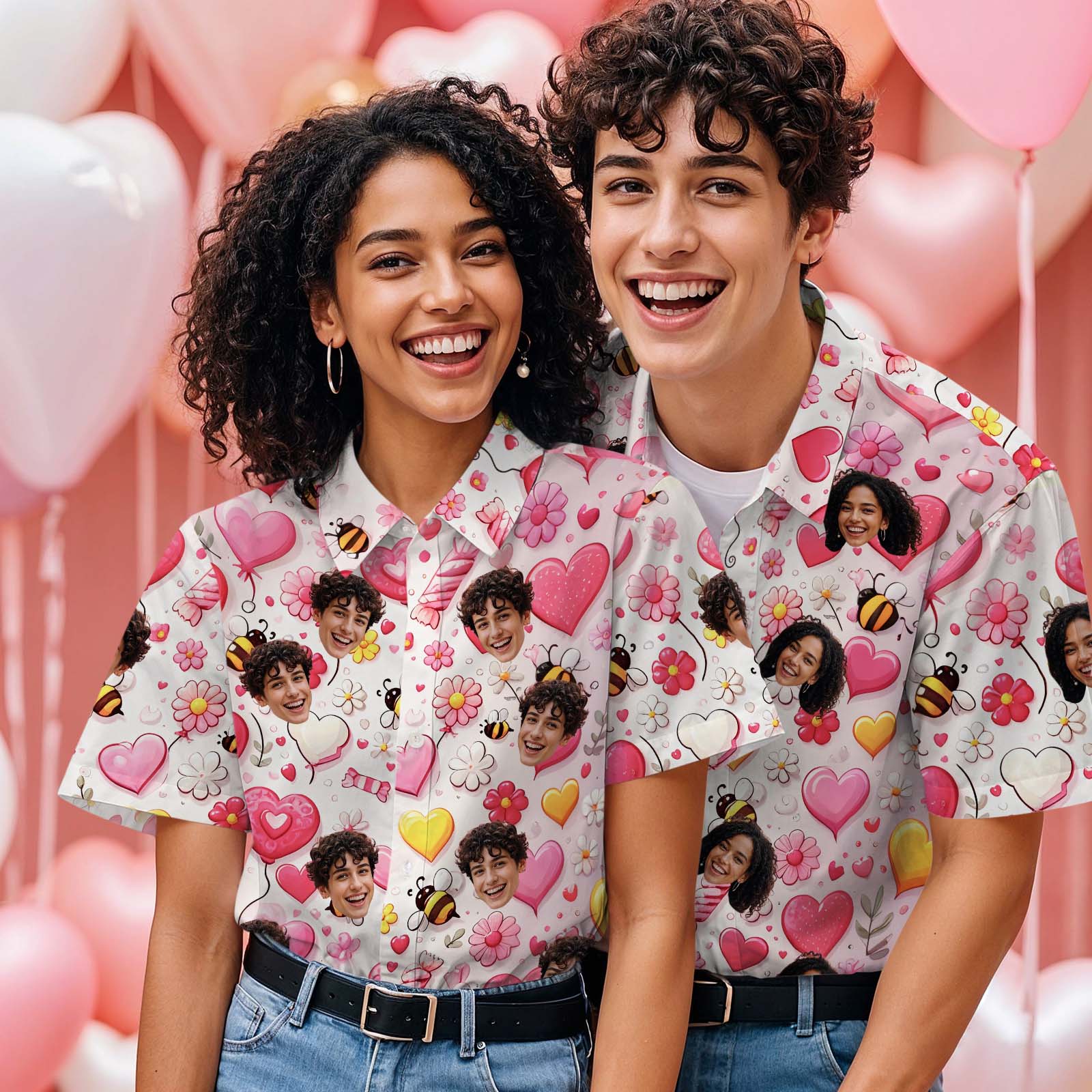 Custom Face Hawaiian Shirt Personalized Valentine's Day Bee Pink Heart and Pink Candy Style Shirt for Couples - MyFaceTshirt