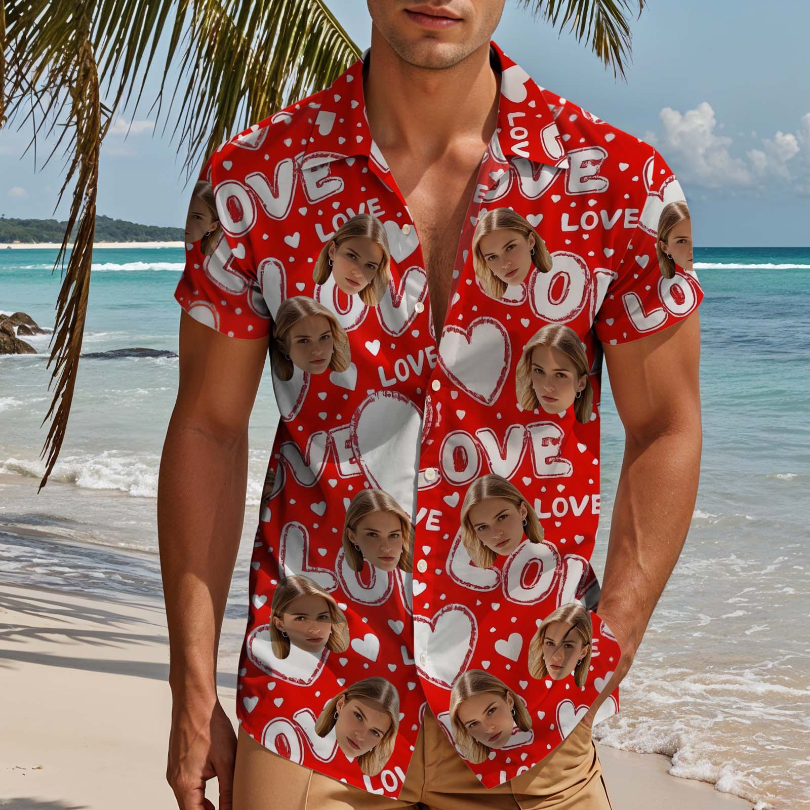 Custom Couple Hawaiian Shirt Red Button-down Shirt With Heart & Love Valentine's Day Gift