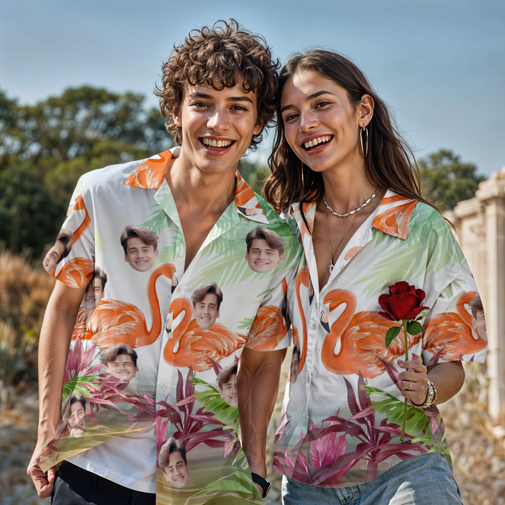 Custom Face Hawaiian Flamingo Valentine's day Shirt Personalized Button-down Shirt Gifts For Couple