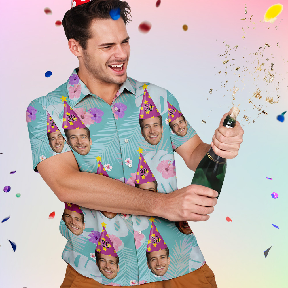 Custom Hawaiian Shirt for Birthday Personalize Coconut Tree Red Flowers Shirt Picture Print Shirts Gift for Birthday Party Gift 