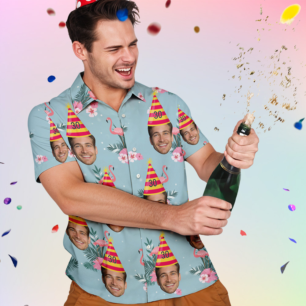 Custom Hawaiian Shirt for Birthday Personalize Flamingo Leaves Shirt Picture Print Shirts Gift for Birthday Party Gift 