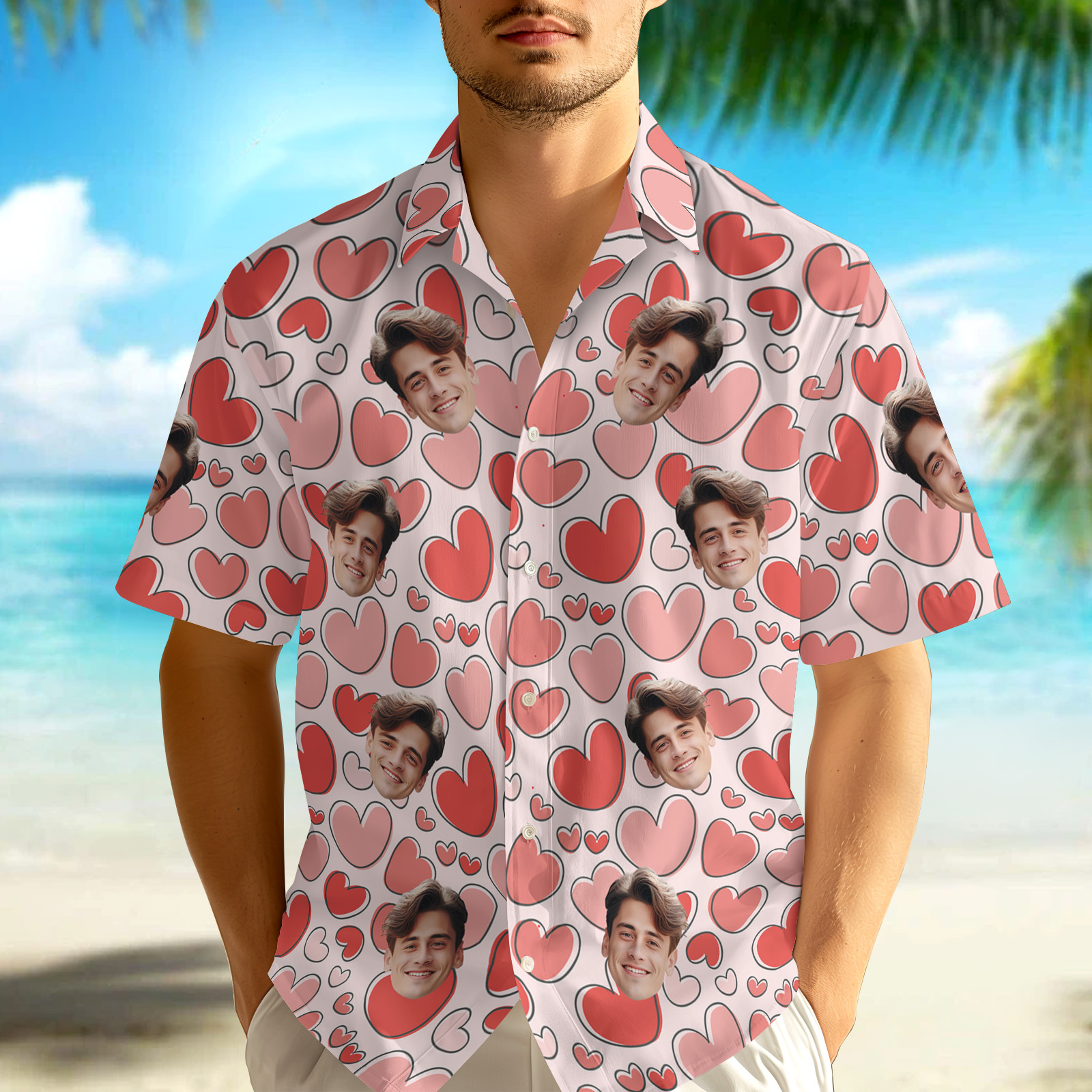 Custom Photo Heart Hawaiian Shirt  Personalized Face Holiday Tropical Pattern Shirt Party Gift Summer Gift