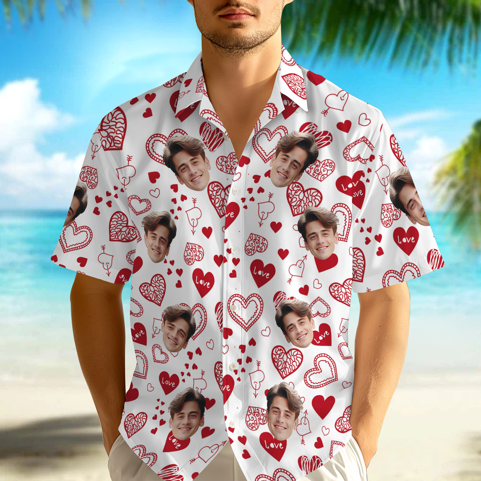 Custom Pink Hawaiian Shirt Personalized Red Heart Button Down Shirt Romantic Love Themed Summer Shirt