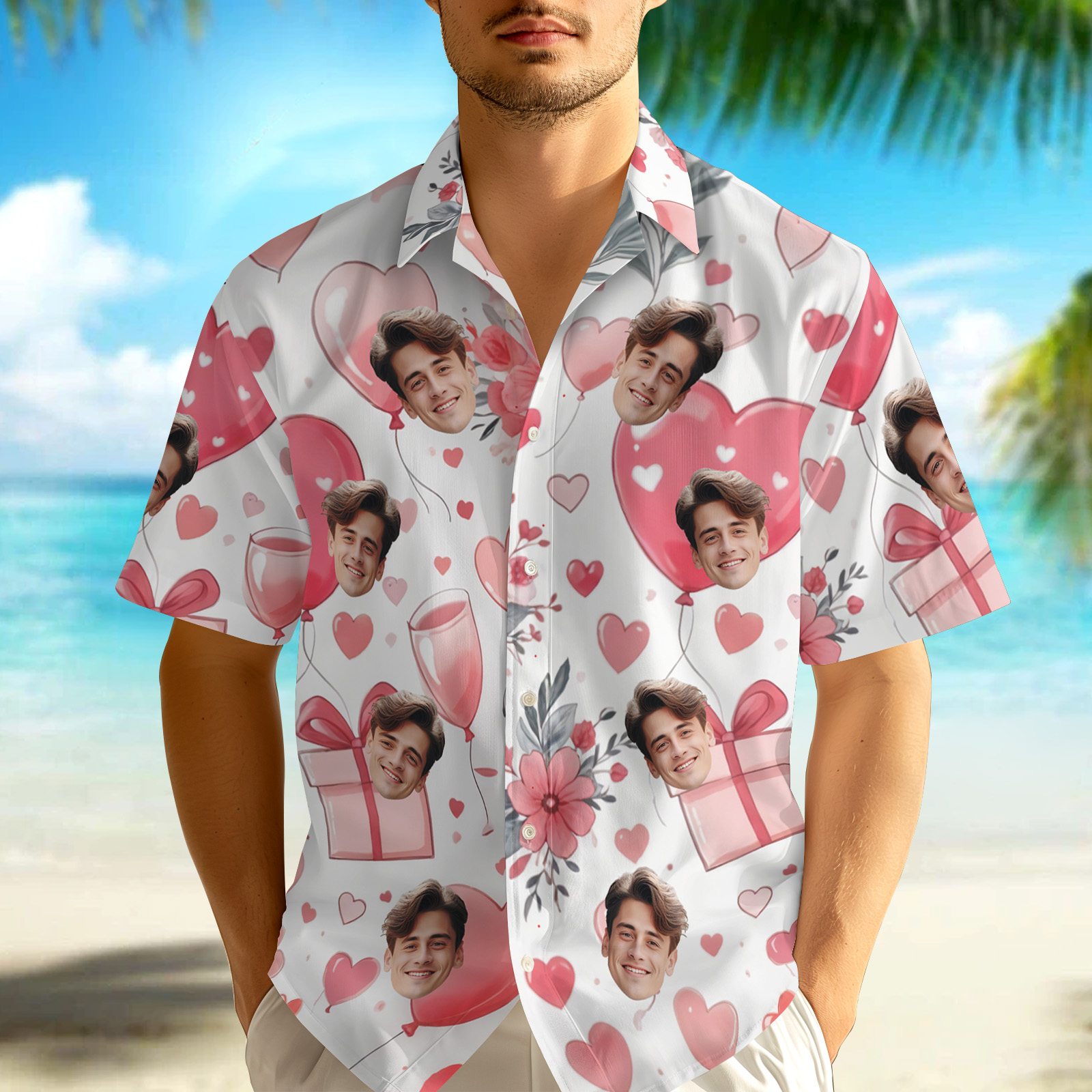 Custom Face Hawaiian Shirt Personalized Pink Flowers Button Down Shirt Heart Balloons Cute Love Shirt