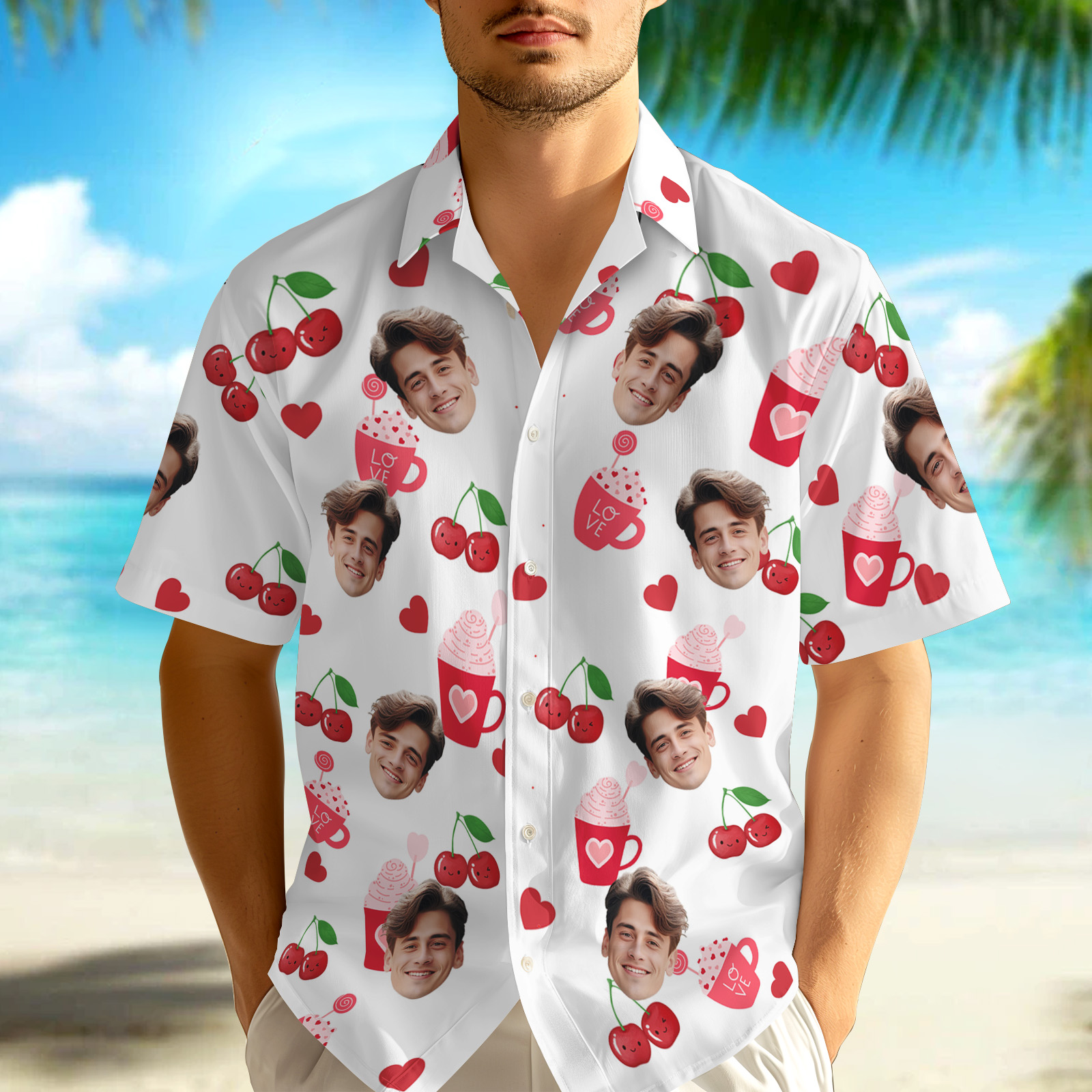 Custom Face Hawaiian Shirt Personalized Cherry Ice Cream Shirt Heart Balloons Cute Love Shirt