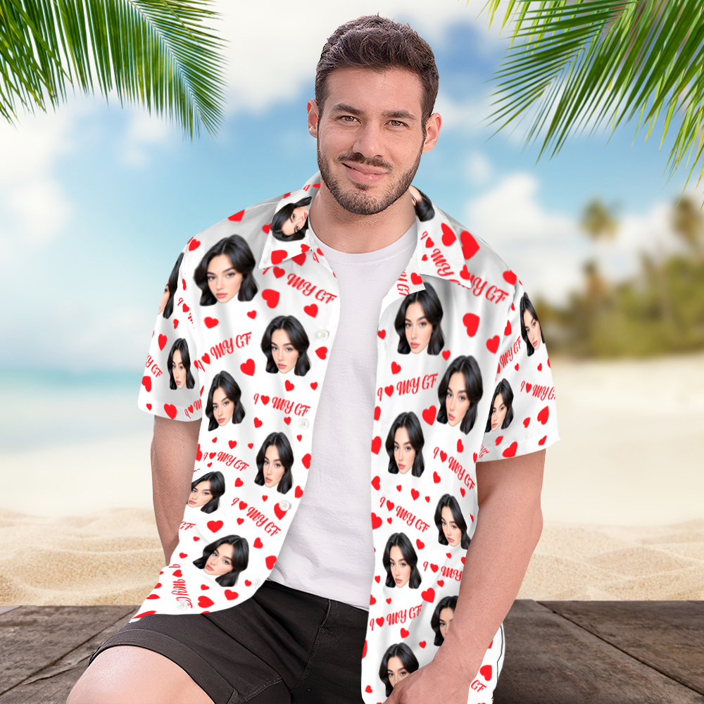 Custom Heart Hawaiian Shirt with Face Personalized Couple Face Heart Hawaiian Shirt Couple Valentine's Day Gifts