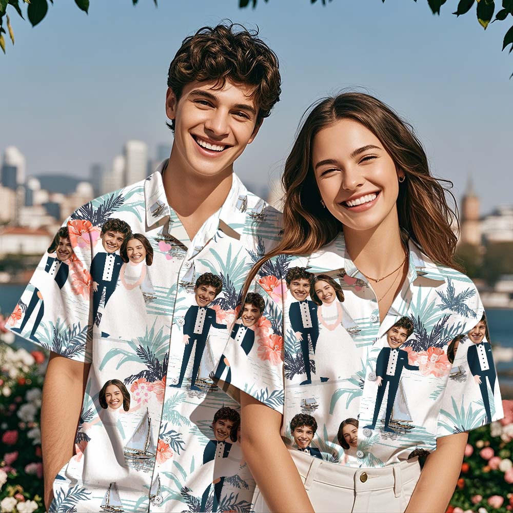 Custom Face Hawaiian Shirt Wedding Couple Face Hawaiian Shirt Personalized White Leaves Wedding Dress - MyFaceTshirt