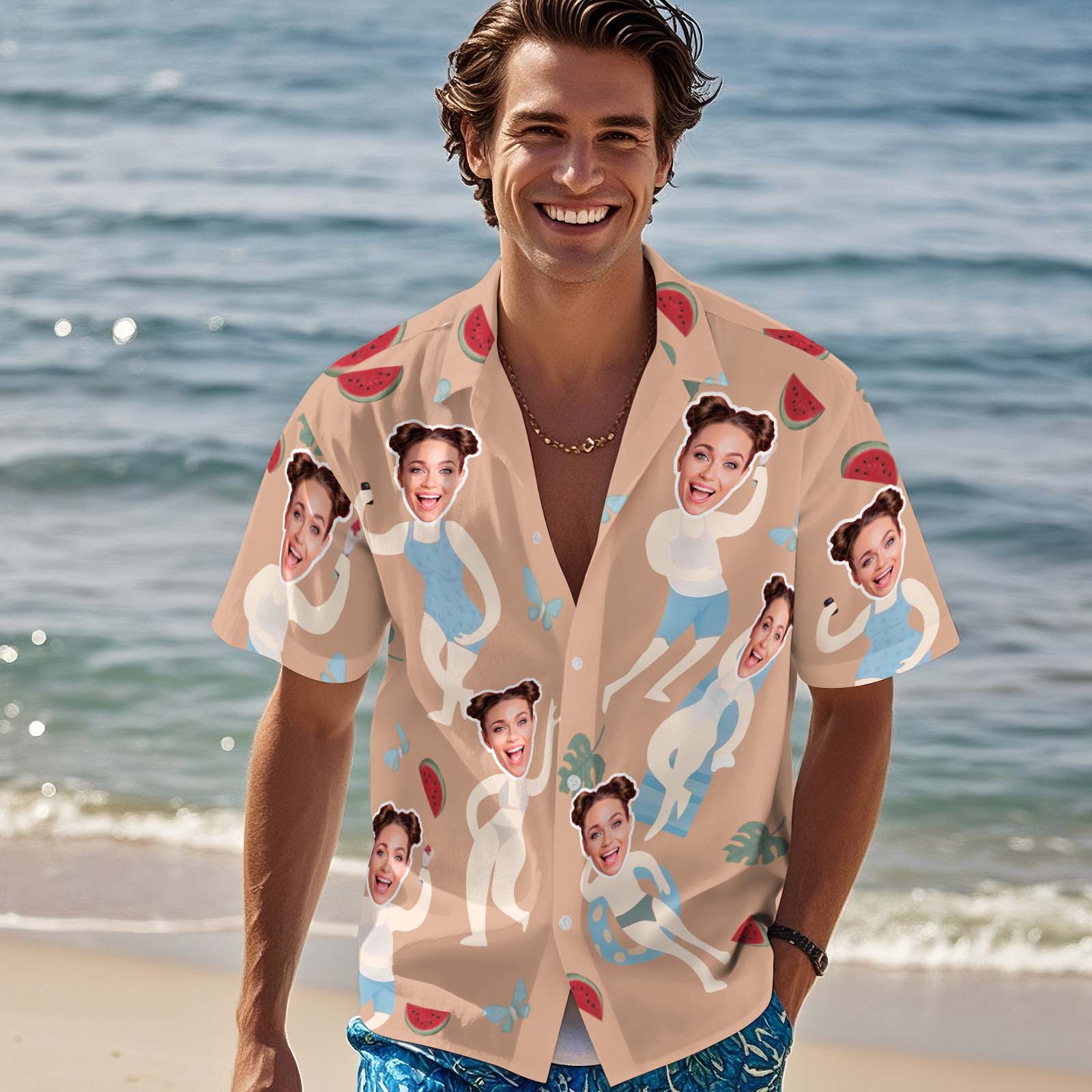 Personalized Photo Hawaiian Shirt Custom Tropical Pattern Shirt Summer Gift  Cartoon Lover Face Shirt