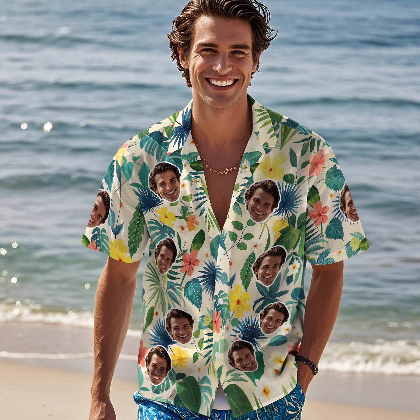 Custom Tropical Pattern Shirt Personalized Photo Hawaiian Shirt Summer Gift Dog Cat Lover Face Shirt