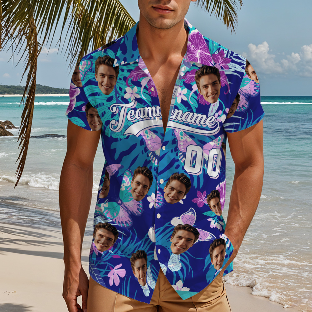 Custom Hawaiian Shirt Tropical Beach Theme Custom Beach Shirt with Name & Number - MyFaceTshirt
