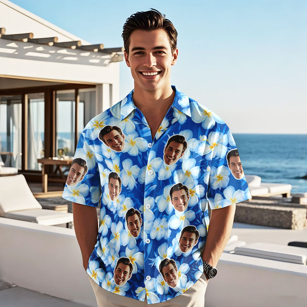 Blue Hawaiian Shirt with Custom Photo and Floral Design