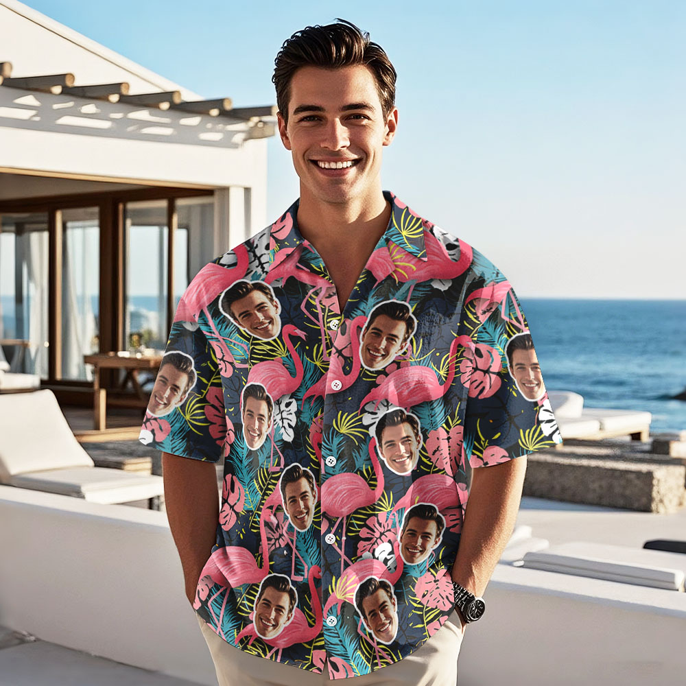 Custom Pink Flamingo Leaves Hawaiian Shirt Personalized Face Shirt