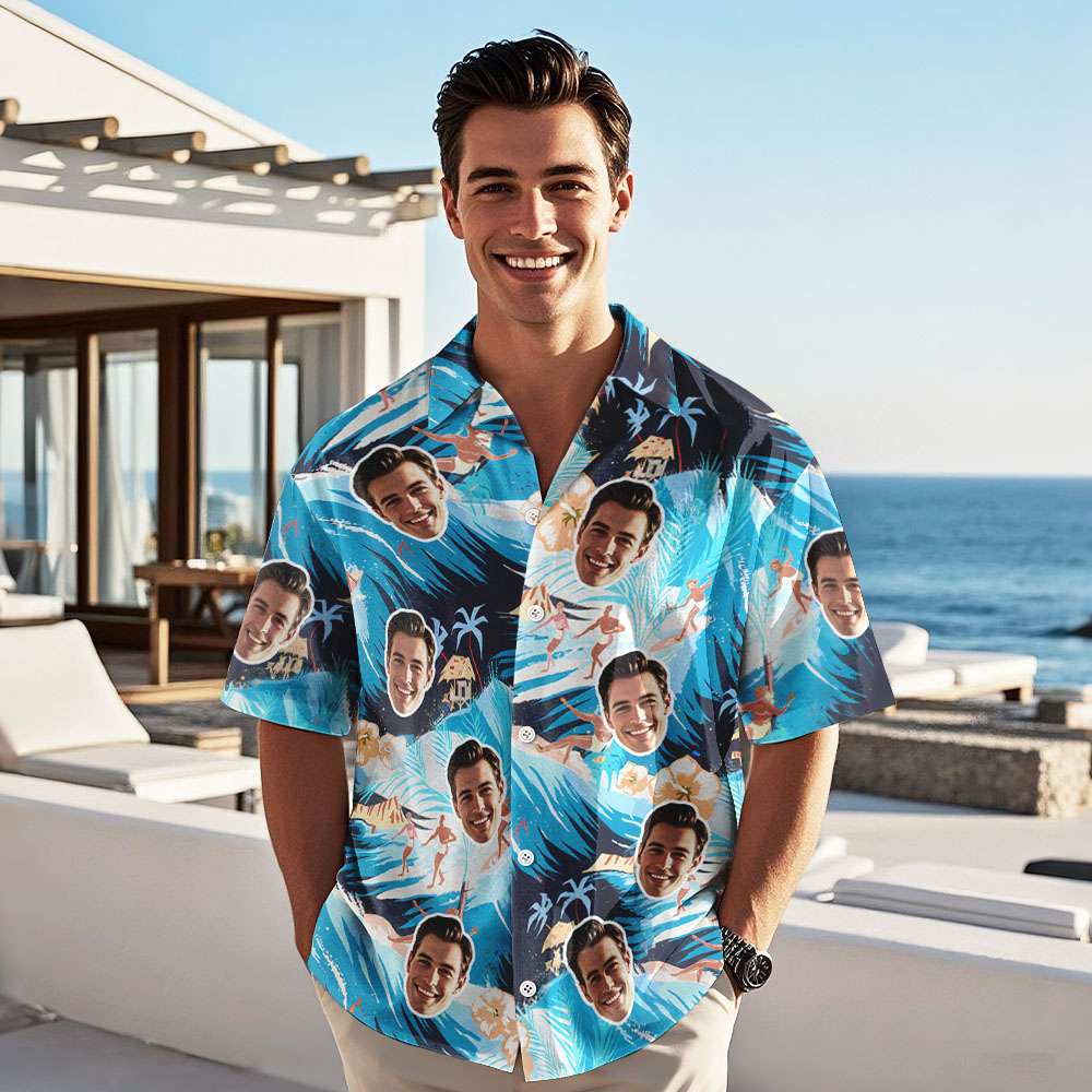 Custom Face Blue Hawaiian Shirt Personalized Surfing Hawaiian Shirt