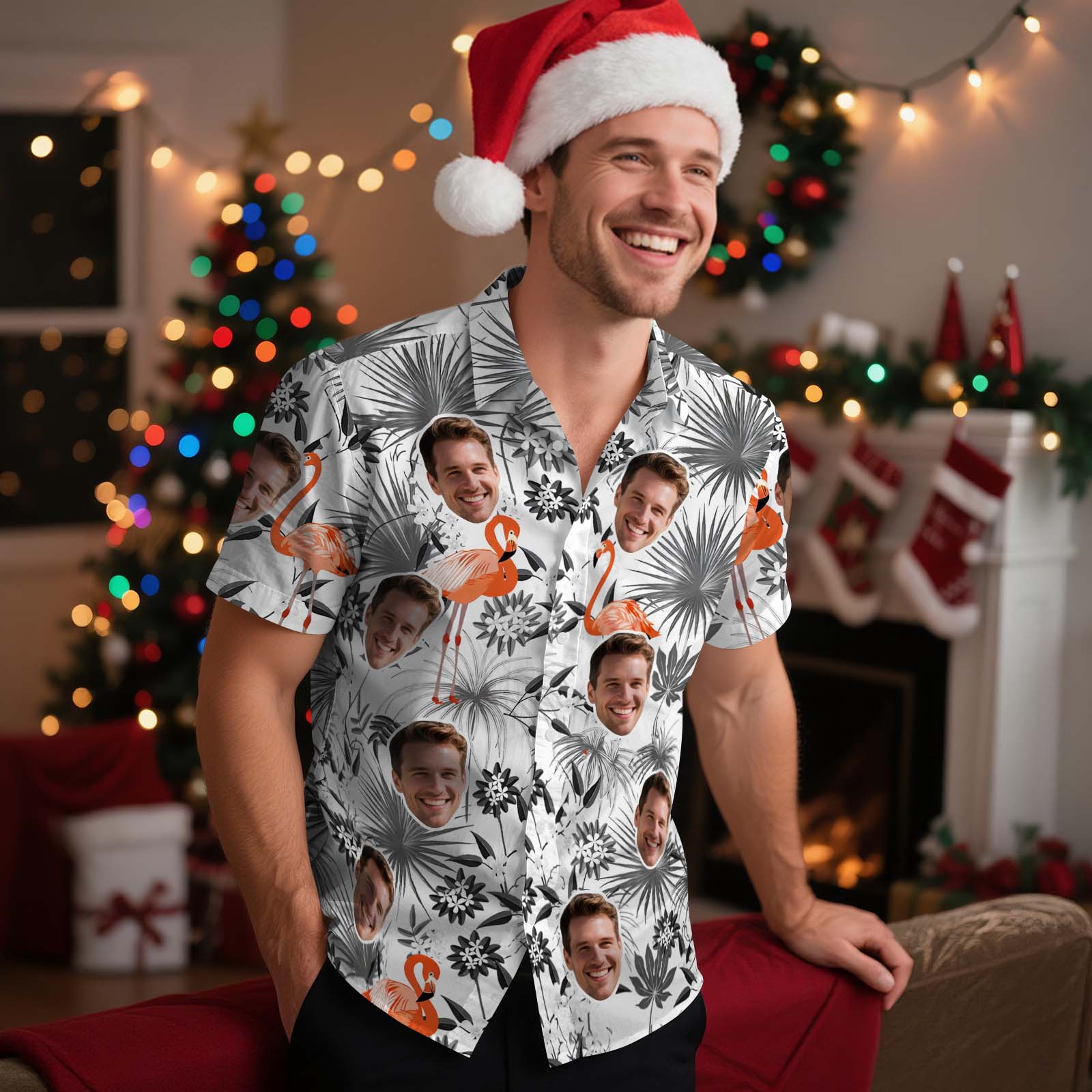 Personalized Photo Hawaiian shirts Fun Men's Aloha Vacation Shirts Orange Flamingo Shirt Gift For Him