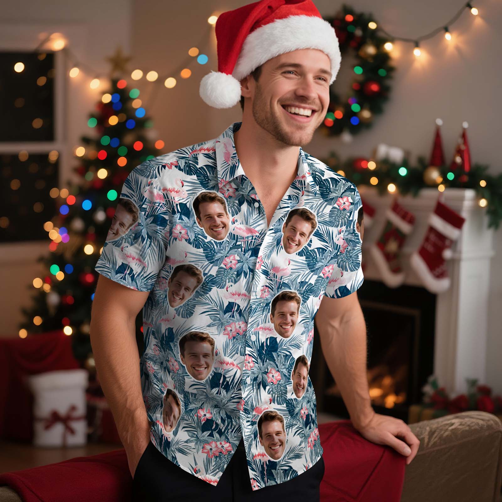 Custom Photo Hawaiian shirts Personalized Fun Men's Aloha Vacation Shirts Leaves Pink Flamingo Shirt Gift For Him