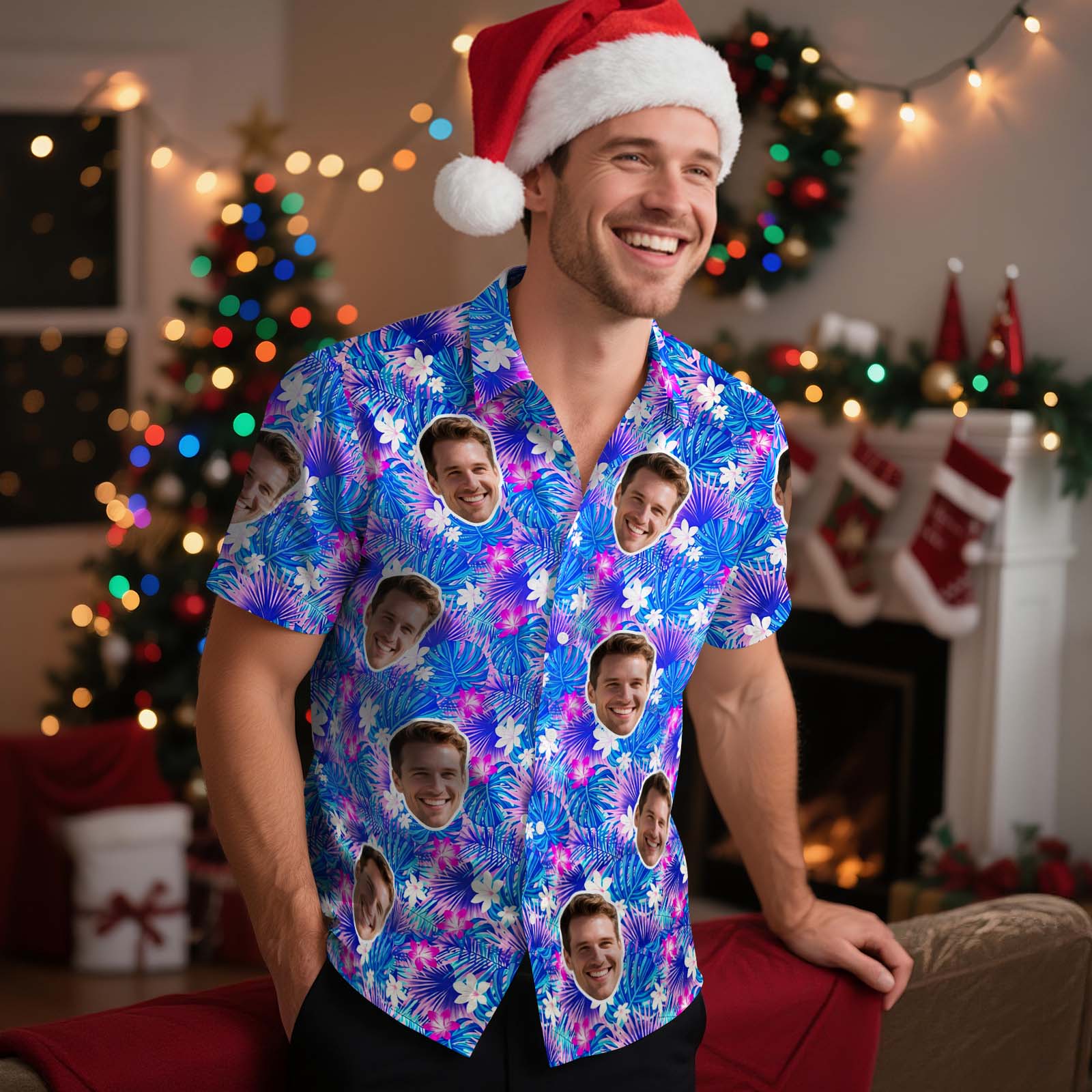 Custom Photo Hawaiian shirts Personalized Blue Purple Flower Vacation Shirts Gift For Him Christmas Gift