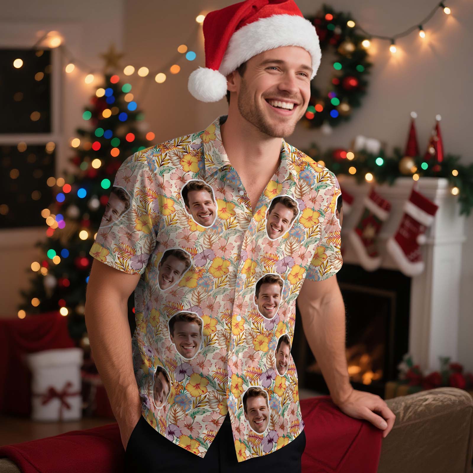 Custom Photo Hawaiian shirts Personalized Yellow Flower Vacation Shirts Gift For Him Christmas Gift