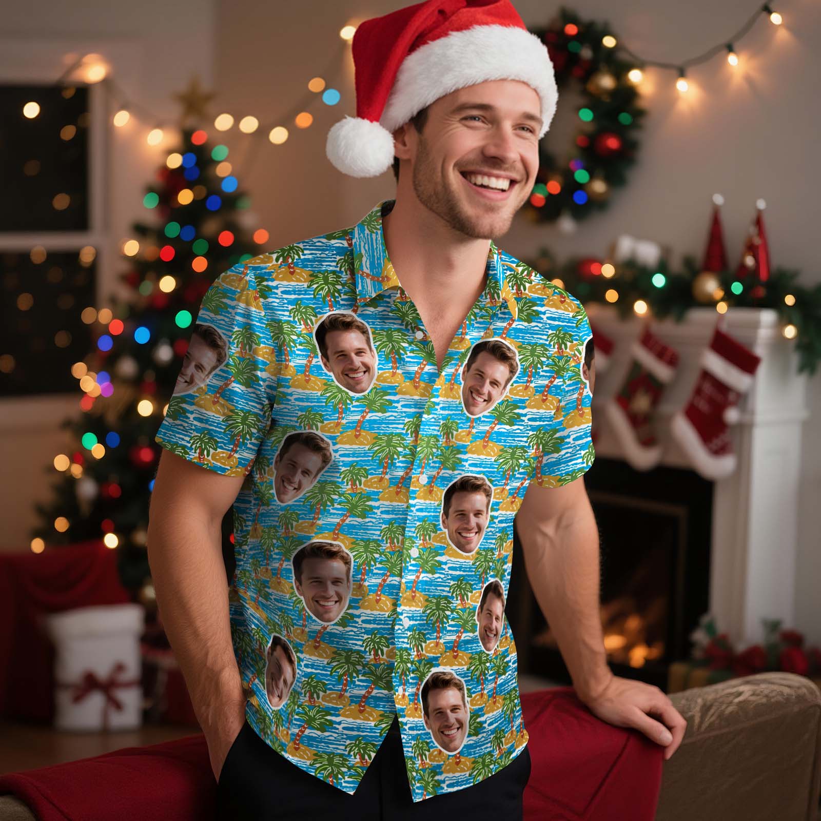 Custom Photo Hawaiian shirts Personalized Coconut Trees on The Beach Vacation Shirts Gift For Him Christmas Gift