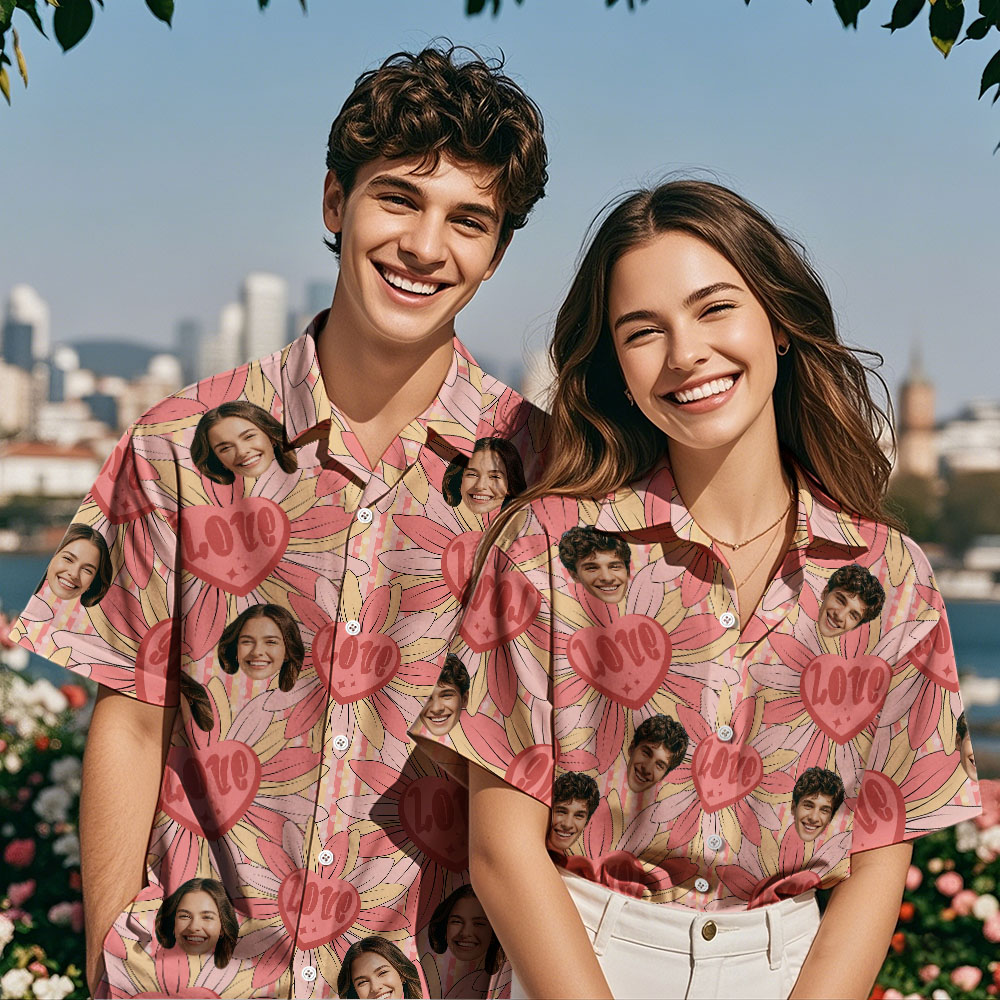 Custom Valentine's Day Hawaiian Shirt Personalized Pink Heart Floral Shirt Couples Romantic Shirt Love Heart Valentine's Day Gift