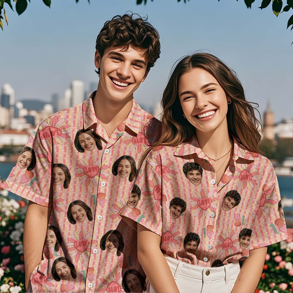 Custom Valentine's Day Shirts Pink Heart Floral Hawaiian Shirt Set Customizable Romantic Gift for Couples