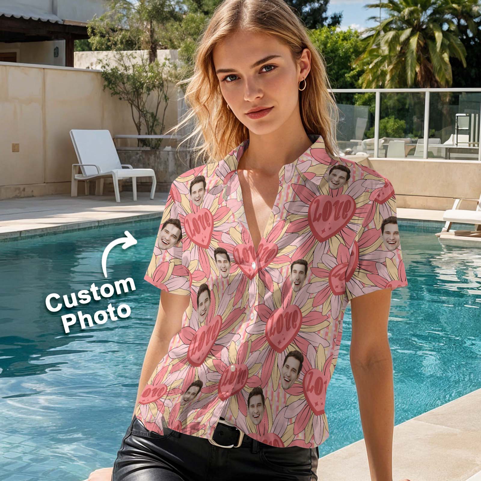 Custom Valentine's Day Hawaiian Shirt Personalized Pink Heart Floral Shirt Couples Romantic Shirt Love Heart Valentine's Day Gift