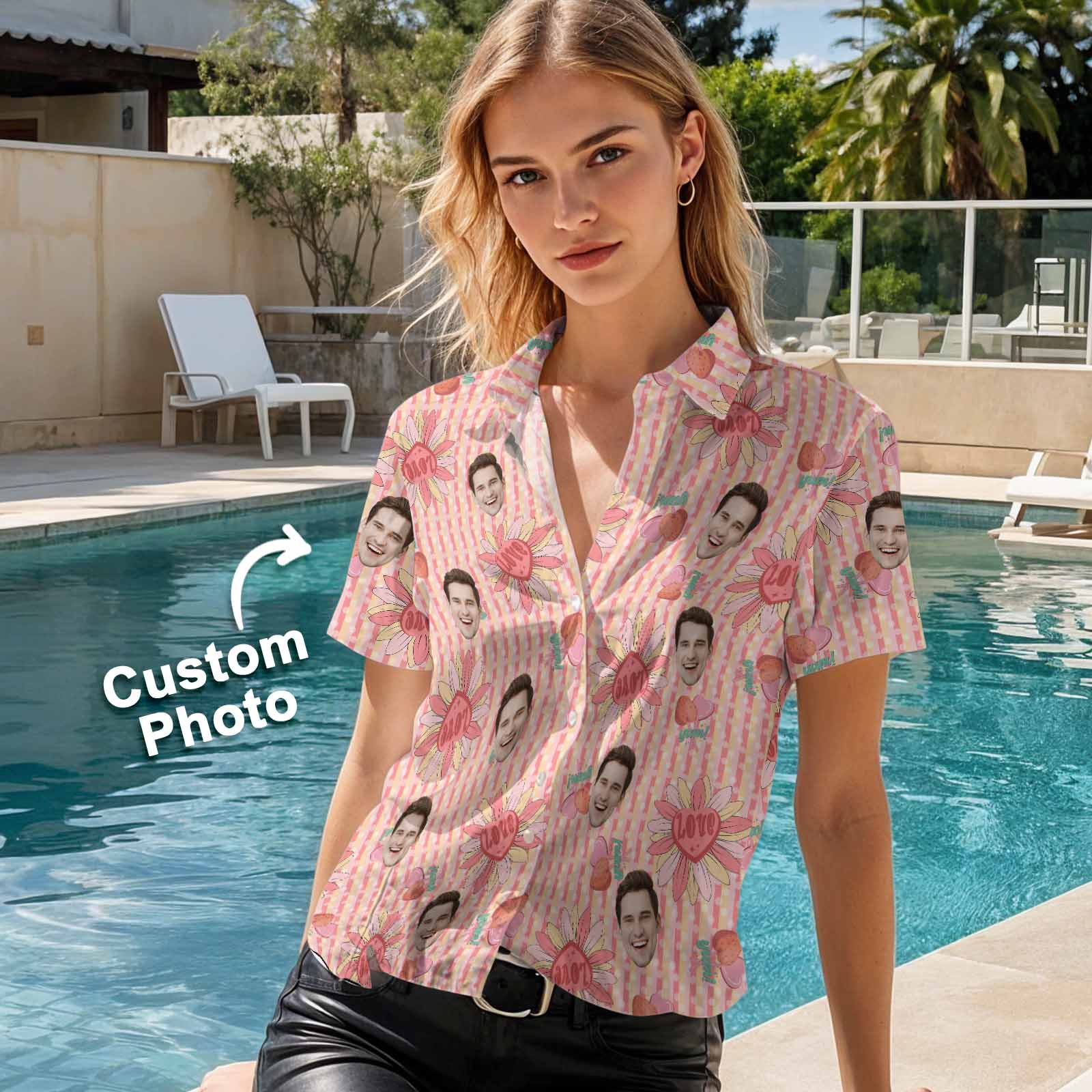 Custom Valentine's Day Shirts Pink Heart Floral Hawaiian Shirt Set Customizable Romantic Gift for Couples