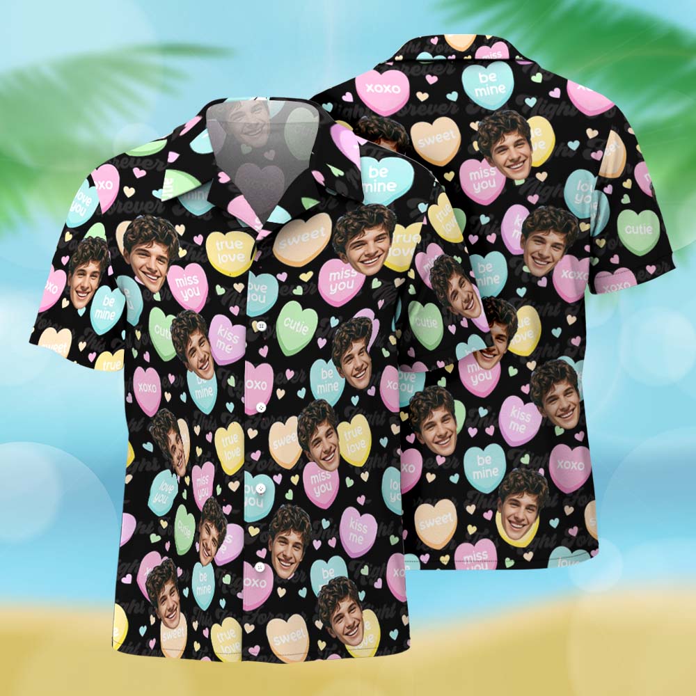 Custom Black Candy Heart Valentine Hawaiian Shirt Personalized Pastel Love Shirt Couples Romantic Gift Valentine's Day Gift
