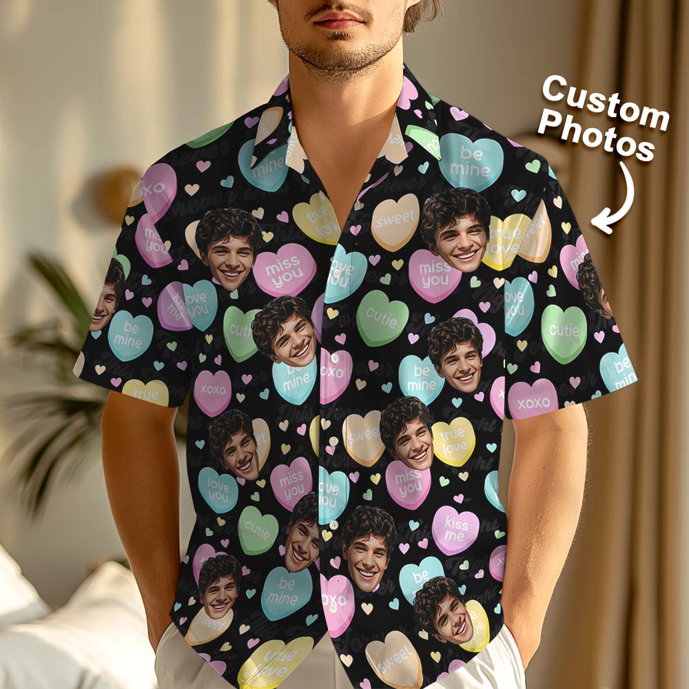 Custom Black Candy Heart Valentine Hawaiian Shirt Personalized Pastel Love Shirt Couples Romantic Gift Valentine's Day Gift