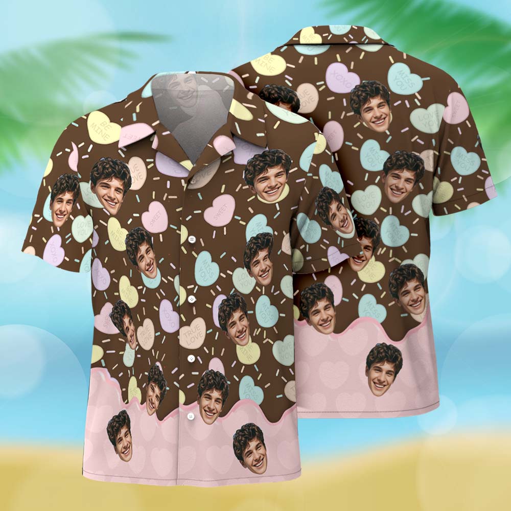 Custom Photo Candy Heart Chocolate Hawaiian Shirt Personalized Dripping Chocolate Aloha Shirt Cute Valentine Gift