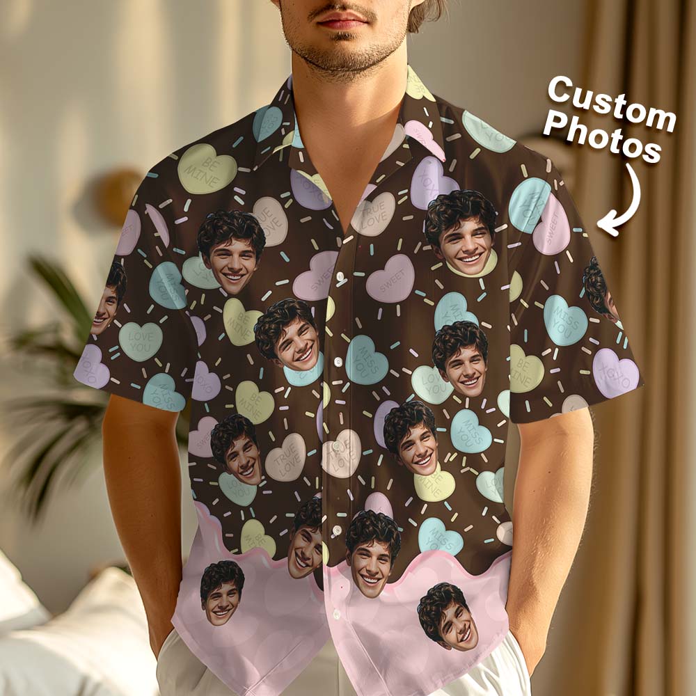 Custom Photo Candy Heart Chocolate Hawaiian Shirt Personalized Dripping Chocolate Aloha Shirt Cute Valentine Gift