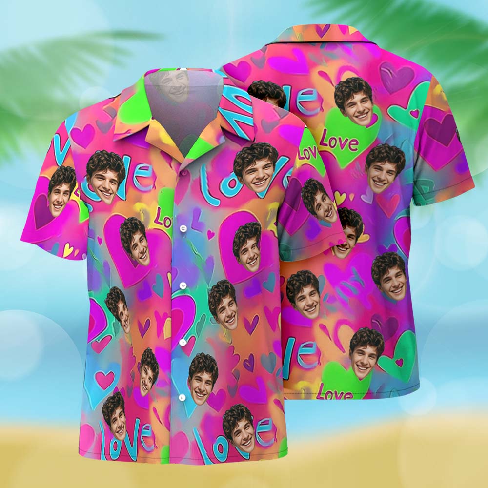 Custom Photo Men Hawaiian Shirt Personalized Colorful Love Heart Valentine’s Day Shirt